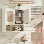 LEYAOYAO Rattan Bathroom Wall Cabinet, Boho Medicine Cabinet with Adjustable Shelve & Doors, Over The Toilet Storage Cabinets Organizer for Laundry Room, Kitchen, Living Room, White