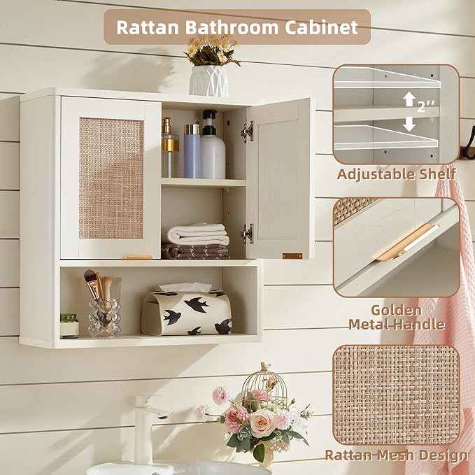 LEYAOYAO Rattan Bathroom Wall Cabinet, Boho Medicine Cabinet with Adjustable Shelve & Doors, Over The Toilet Storage Cabinets Organizer for Laundry Room, Kitchen, Living Room, White