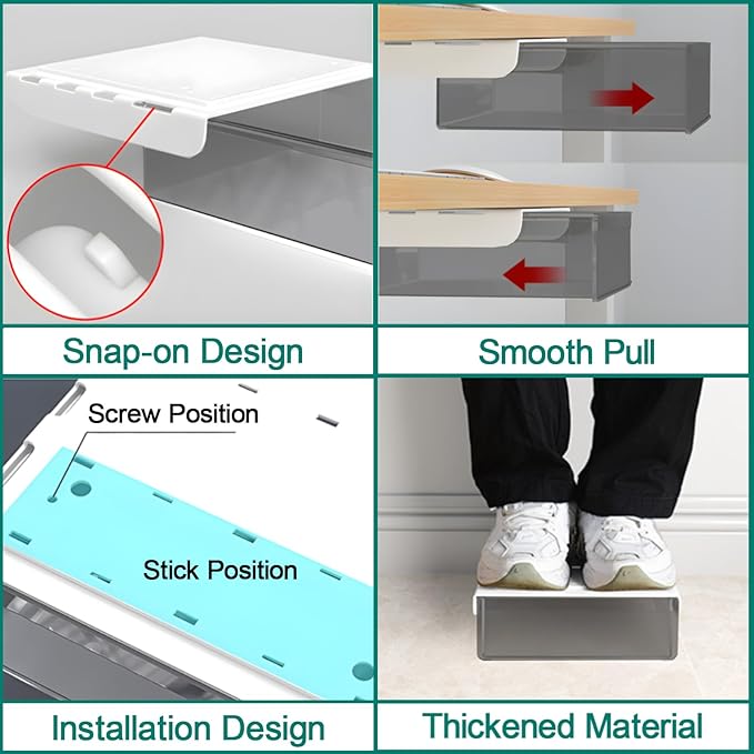 Large Under Desk Table Drawer Storage Organizer, Slide Out Drawer with 2 Desk Divider,Pencil Storage Self-Adhesive Tray Under Table (L/Clear Black+White)