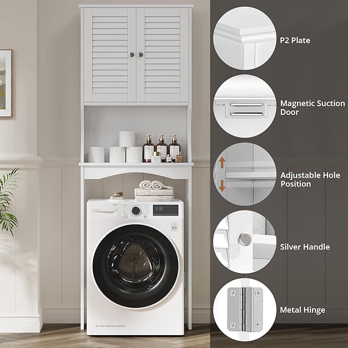 GAOMON Over The Toilet Storage Cabinet,Space-Saving Above Toilet Bathroom Organizer with Adjustable Shelf and Hooks, Bathroom Shelf Over Toilet with Anti-Tip Device,White