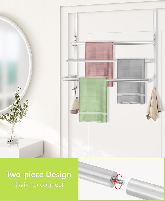 Over The Door Towel Rack, Over Door Towel Racks for Bathroom, Towel Rack with Hooks for Door Hanging, Towel Holder Over The Door Towel Bar 24Inch, Brushed Nickel