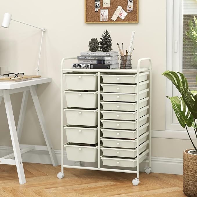 LUARANE Rolling Cart with 15 Drawers, Craft Storage Cart with Portable Handles & Lockable Wheels, Mobile Toys Organizer, Large Capacity Utility Drawer Cart Home Office School Teacher (White)