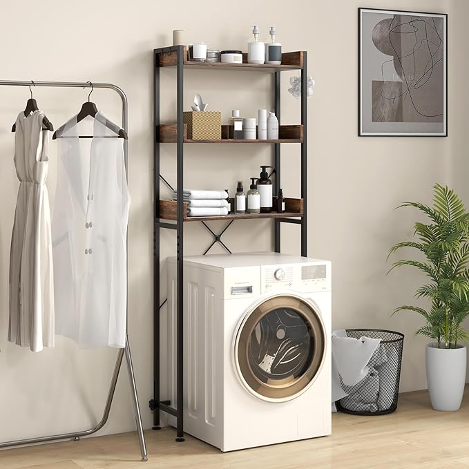 Giantex Over The Toilet Storage Rack, 3-Tier Bathroom Space Saver Organizer with Adjustable Bottom Bar to Fit Most Toilets, Freestanding Above Toilet Storage Rack, Easy Assembly (Brown + Black)