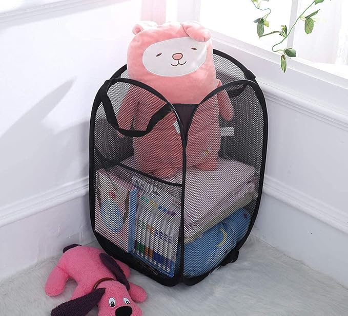 Pop Up Laundry Hampers, Collapsible Mesh Laundry Baskets for Home, Dorm, Travel, Portable Clothes Hampers, Pack of 2 (Black + Grey)