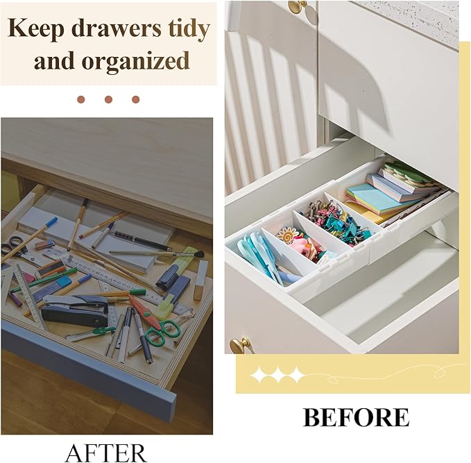 2 Pcs Expandable Drawer Organizer Bins Adjustable Deep Drawer Hanging Organizer Tray Expandable 11.4 to 18.1 Inches Plastic Dividers Storage for Office Bathroom Bedroom Kitchen Desk, White