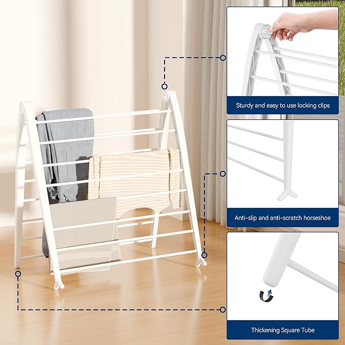 Whitmor Spacemaker Folding Drying Rack, Indoor Clothes Organizer with Patent-Pending Design, Space Saving, 6" L x 26" W x 51.5" H,White Deluxe