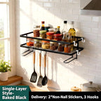 Bathroom Organizer Shelf - Over The Toilet Storage Rack, 2-Tier Floating Shelves with Hooks, No-Drill, Toilet Paper Holder for Restroom Bathroom Vanity Kitchen (Black, 1 Tier)
