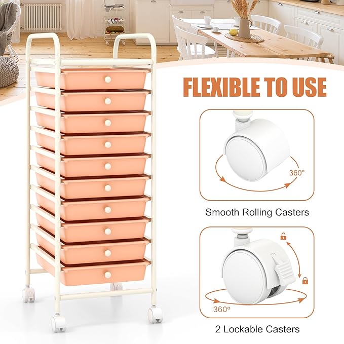 GOFLAME 10-Drawer Rolling Storage Drawer Cart, Utility Cart with Removable Drawers & Metal Frame, Mobile Art Craft Drawer Cart with Lockable Wheels for Home, Office, Studio, School, Peach Fuzz