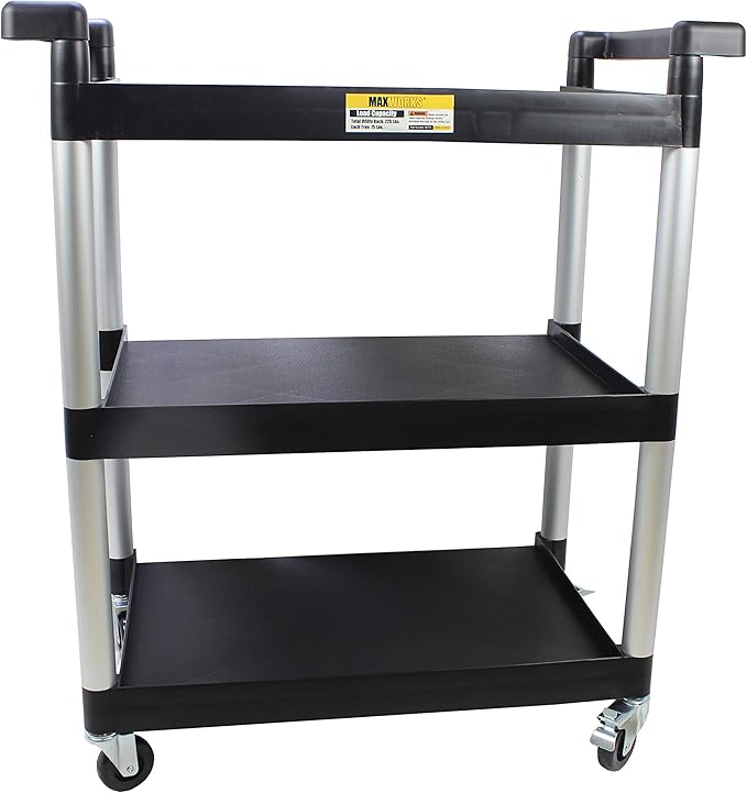 MaxWorks 80774 3-Shelf Utility Plastic Cart with Wheels-225 Lbs Maximum Capacity , Black