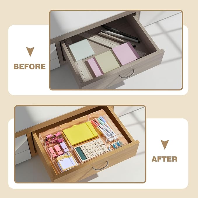 2 Pcs Clear Acrylic Desk Drawer Organizer 12 x 8 x 1.77 Inch Drawer Organizer Trays with 6 Compartments Desk Accessories for Office Makeup Silverware Bathroom