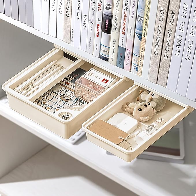 Cedilis 3 Pack Under Desk Drawer, Self-Adhesive Desk Organizer Drawers, Hidden Drawers Pencil Tray, Add a Drawer Under Table Easily, Attachable Desktop Organizer for Office School Home, Beige