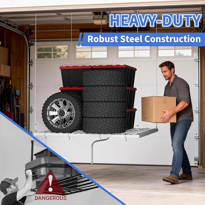 Overhead Garage Lifting Storage Rack, 4x4 ft Heavy-Duty Carbon Steel Ceiling Storage Rack, Adjustable Organization System, 350Lbs Safe Load (Tested to 600Lbs), Manual Crank Lift Design