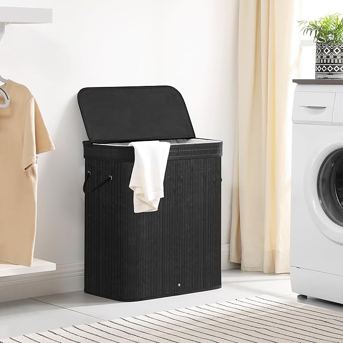 SONGMICS Laundry Hamper with Lid, Bamboo Laundry Basket, Removable Machine Washable Laundry Basket, with Handles, 26.4-Gallons, for Laundry Room, Bedroom, Bathroom, Ink Black ULCB63H
