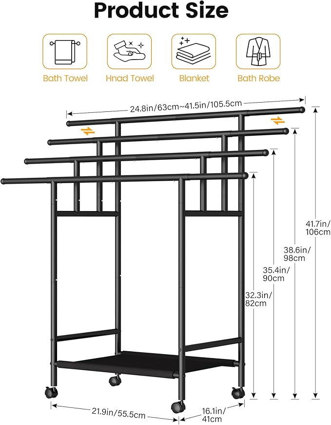 Homeiju Expandable Free Standing Towel Rack for Bathroom, 4 Tier Blanket Rack, Adjustable Blanket Holder for Bathroom, Towel Drying Rack Stand for Outdoor, Poolside, Black