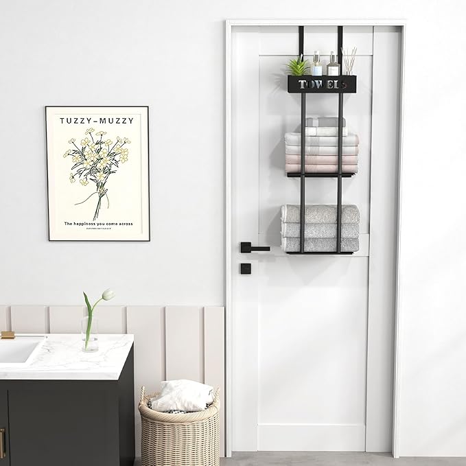 Over The Door Towel Rack, 3 Tier Hanging Towel Rack for Bathroom Stainless Steel, Over Door & Wall Mounted Towel Holder with Shelf Basket, Towel Storage for Small Bathroom, Black