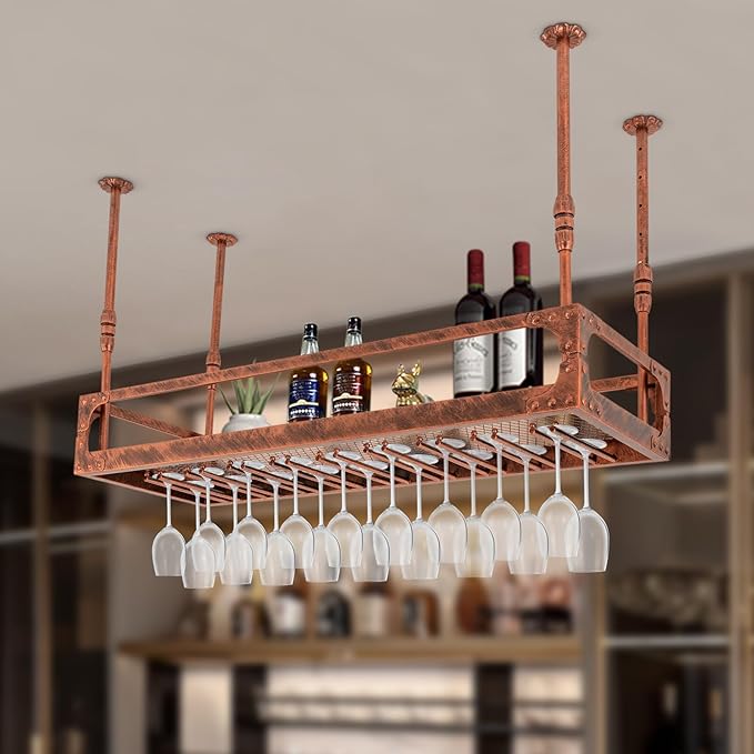 Industrial Wine Rack Ceiling Mounted, 110 lbs Heavy Duty, Adjustable Height, Holds 27 Glasses, Vintage Iron Floating Shelf for Kitchen, Bar, Restaurant (Copper-Colored)