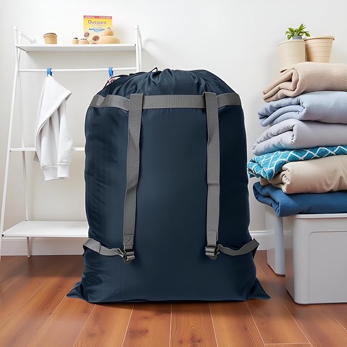 2 Pack Laundry Bag Backpack, 27” x 34”Sturdy Laundry Bag with Shoulder Straps Drawstring Closure Heavy Duty Foldable Laundry Backpack for College, Travel, Laundromat, Apartment (Navy Blue)
