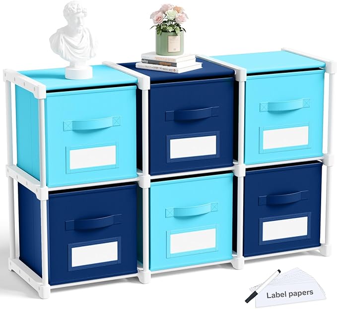 Geelin 6 Blue Cube Storage Organizer with Fabric Bins and Labels, 11 Inch Collapsible Toy Organizer Shelf Storage Bins Dresser Drawer for Boys Bedroom Nursery Playroom Room Decor