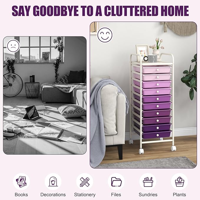 COSTWAY 10-Drawer Rolling Storage Cart, Utility Mobile Trolley with Removable Drawers & Universal Casters & 2 Brakes, Versatile Flexible Drawer Organizer Cart for Home, Office, Purple Gradient