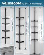 SEIRIONE Corner Shower Caddy Tension Pole, Rustproof Bathroom Shower Organizer Corner, 4-Tier Adjustable Bathroom Shelf, Solid Rack Ideal for Bathtub Storage, 34 to 116 Inch Height, Black