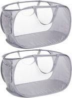 2 Pack Durable Collapsible Laundry Baskets - Reinforced Mesh Pop Up Laundry Hamper with Pocket, Foldable Dirty Clothes Hamper with Carry Handles for Laundry, Bathroom, Kids Room, Dorm or Travel Grey