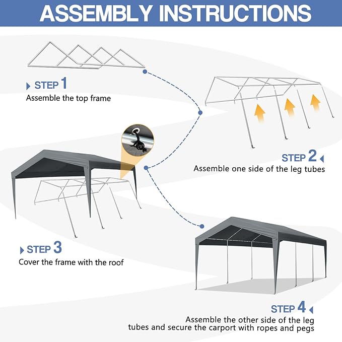 VINGLI 12x20 Carport Canopy with Galvanized Steel Frame, Portable Heavy Duty Garage with Water-Proof Covers for Cars, Boats, Trucks, Dark Gray