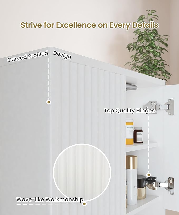 HAIOOU Fluted Bathroom Wall Cabinet with Motion Sensor Light, Curved Profile Wooden Medicine Cabinet Wall Mounted Cupboard, Wave Like Over Toilet Storage Cabinet with Buffering Hinges - Modern White