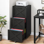 3 Drawer Tall File Cabinet with Wheels, Farmhouse Vertical Filing Cabinet Fits Letter/A4 Size, Rolling File Cabinets Wooden Printer Stand for Home Office, Black
