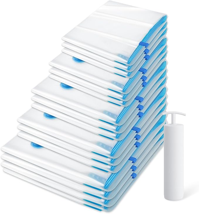 20 Pack Vacuum Storage Bags，Space Saver Bags(4 Jumbo/4 Large/4 Medium/4 Small/4 Roll),Compression for Comforters and Blankets, Sealer Clothes Storage, Hand Pump Included