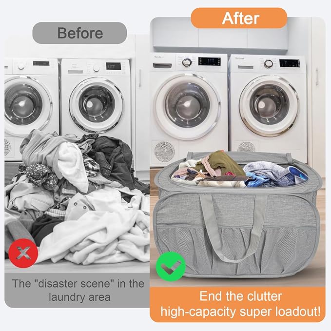 Collapsible Laundry Baskets with Lid, Foldable Laundry Basket with Pockets, Pop Up Laundry Hamper with Dual Handles, 99L Sturdy Hampers for Clothes, Groceries, Supplies, Tools, Grey