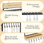 Hanging Jewelry Organizer, 5-Tier Wall Earring Holder with Wooden Ring Groove, Jewelry Rack Wall Mounted for Earrings, Necklaces, Bracelets and Rings, Jewelry Holder Stand, Black