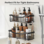 Orimade Shower Caddy Basket Shelf Storage Rack, No Drilling Wall Mounted Adhesive Rust Proof Stainless Steel Shower Organizer with 5 Hooks for Bathroom, Black 2 Pack