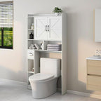 Over The Toilet Storage Cabinet, Farmhouse Storage Cabinet Over Toilet with 2 Barn Door & Toilet Paper Holder Stand, Home Space-Saving Rack, for Bathroom, Restroom (White).