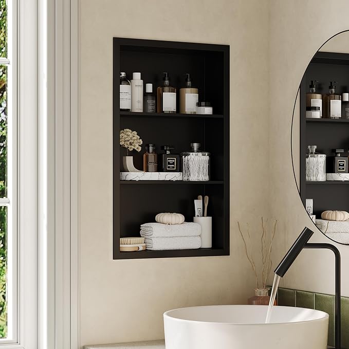 14x24 Recessed Medicine Cabinet, Medicine Cabinet No Mirror, 304 Stainless Steel Medicine Wall Niche with 3-Tiers Shelves, Matte Black