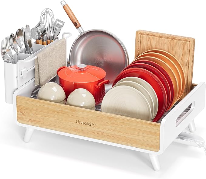 Dish Drying Rack for Kitchen Counter - Stainless Steel & Bamboo Dish Rack with Large Removable Utensil Holder, Dish Drainer with Adjustable Automatic Spout, White