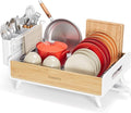 Dish Drying Rack for Kitchen Counter - Stainless Steel & Bamboo Dish Rack with Large Removable Utensil Holder, Dish Drainer with Adjustable Automatic Spout, White