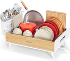 Dish Drying Rack for Kitchen Counter - Stainless Steel & Bamboo Dish Rack with Large Removable Utensil Holder, Dish Drainer with Adjustable Automatic Spout, White