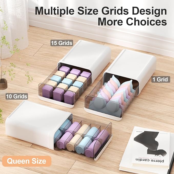 Underwear Organizer Drawer, 15 Cells Plastic Sock Underwear Storage Drawer, Stackable Closet Organizers and Storage Box for Bras, Socks, Scarves, Ties, Belt (Queen Size-White, 1 Pcs)