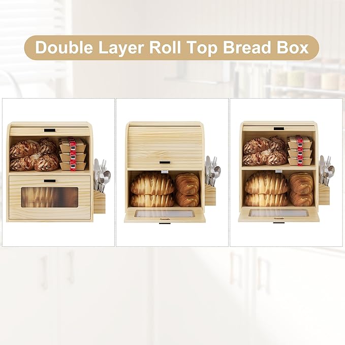TQVAI Roll Top Bread Box for Kitchen Countertop, Keep Fresh Longer, Easy to Maintenance, Double Layer Vintage Wooden Breadbox with Window for Homemade Bread, Sandwich Loaves, Baked Goods (Wood Color)