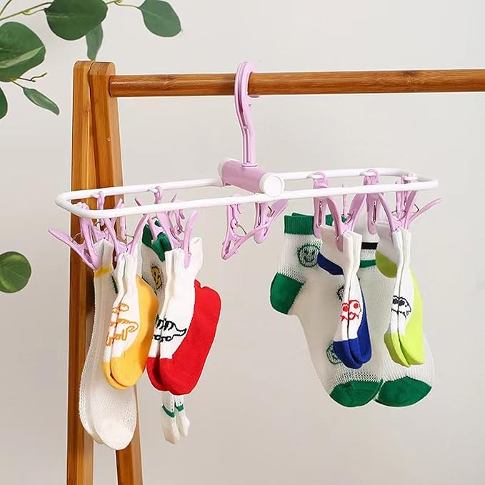 2 Pack Clothes Drying Rack, Laundry Drying Rack with 12 Clips, 360° Rotatable Hook Windproof Sock Hanger, Small Foldable Portable Hangers for Drying Bras Underwear Baby Clothes Gloves