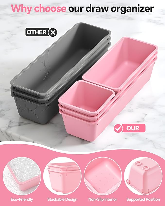 13 Pack Plastic Drawer Organizers Set, 3 Sizes Desk Drawer Organizer Trays for Vanity and Makeup Organizer, Organization and Storage for Makeup, Kitchen Utensils, Bathroom and Office(Pink)