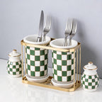 Ceramic Checkered Utensil Crocks with Gold Metal Rack, Black & White Grid Kitchen Utensil Storage, Farmhouse Kitchen Decor, Flatware Organizer & Home Accessory (Green)