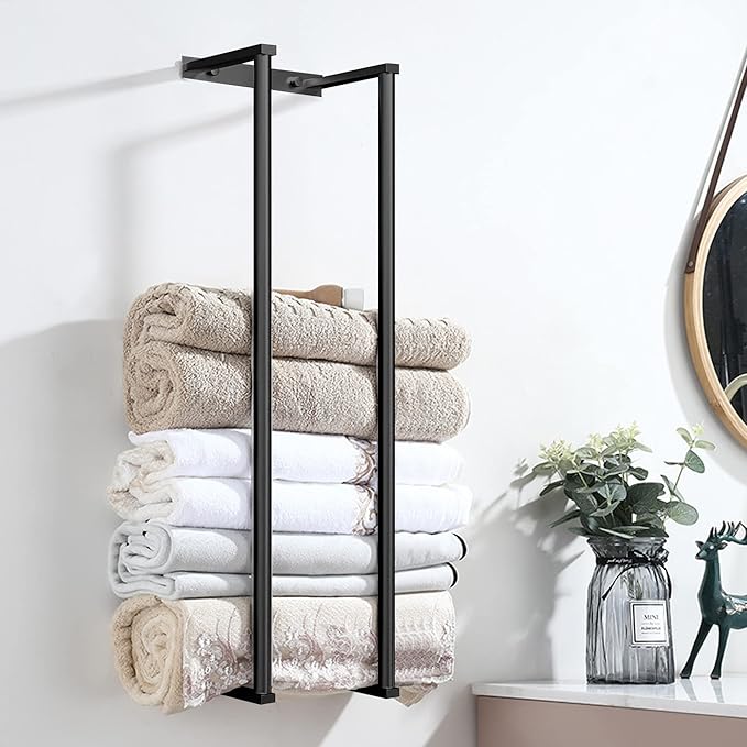 Towel for Racks Bathrooms, Wall Mounted Towel Rack for Storing Towels, Robes, Towel Holders with Hooks, Bathroom Towel Storage, Black