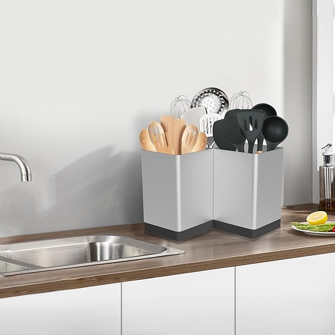 Suli Utensil holder,Kitchen Utensil Organizer for Corner Countertop,Extra Large Silverware Organizer with 3 Compartments,Farmhouse Decor,Iron,Silvery