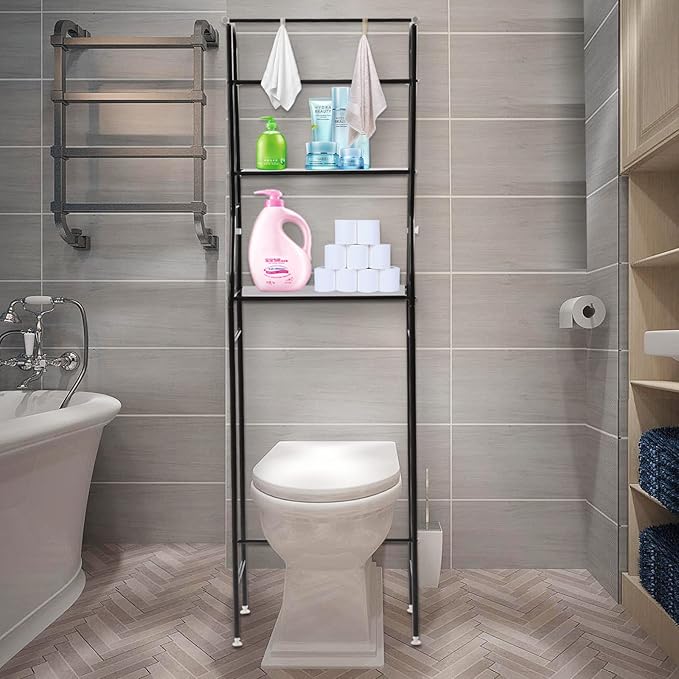 Over The Toilet Storage Rack 3 Tier, Bathroom Organizer Shelf with Hooks 38.5 lbs Capacity, Freestanding Cabinet for Towels Toiletries Metal Shelf, Black