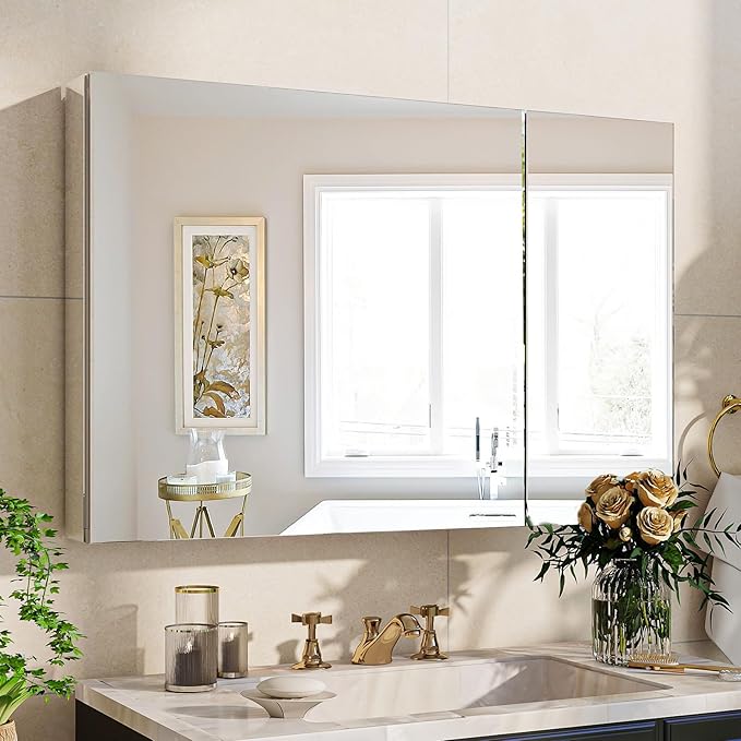 BEAUTYPEAK Bathroom Medicine Cabinet Mirror with Storage, 36 Inch x 26 Inch Silver Medicine Cabinet with Double Door & Adjustable Shelves for Vanity, Tempered, Aluminum Surface, Wall-mount or Recessed