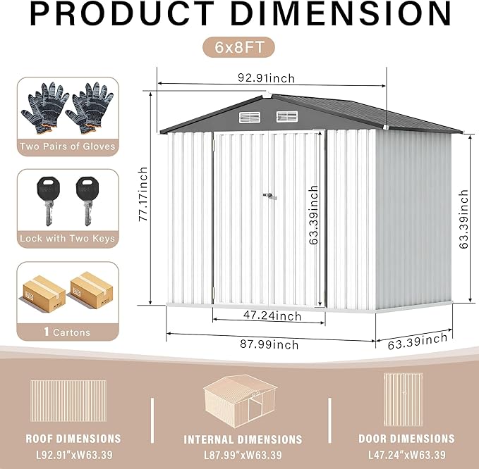 8x6 FT All-Steel Outdoor Storage Shed, Multi-Purpose Garden Tool Shed with Lockable Doors & Air Vents, Heavy Duty Utility Building for Backyard, Workshop, Lawn - Value Pack, Weather Resistant