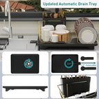 Buruis Dish Drying Rack for Kitchen Countertop, Large Capacity Gold Stainless Steel Dish Drainer with Anti-Slip Rubber Feet, Removable Drain Board and Utensil Holder (Black Tray)