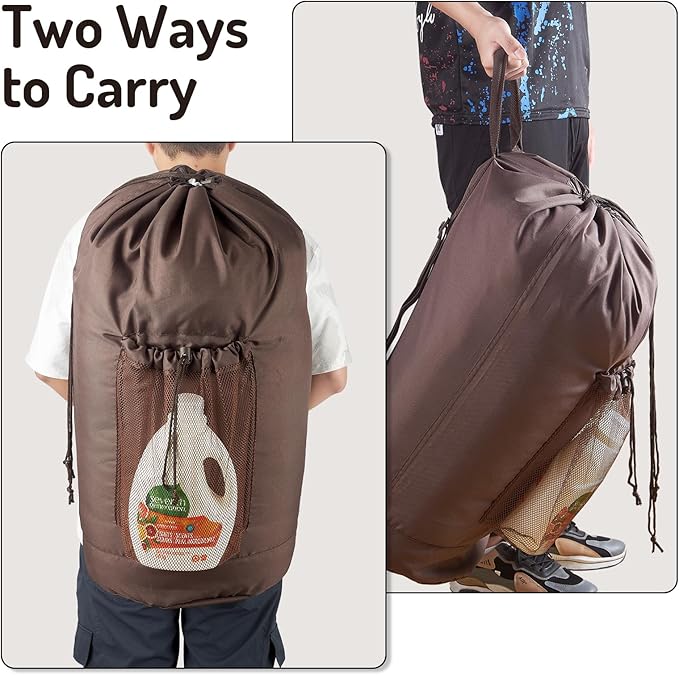 Seiritex Large Laundry Backpack Bag with Detergent Holder and Adjustable Shoulder Straps, Clothes Laundry Backpack for College, Travel, Apartment, Laundromat, Dorm Room (Brown)