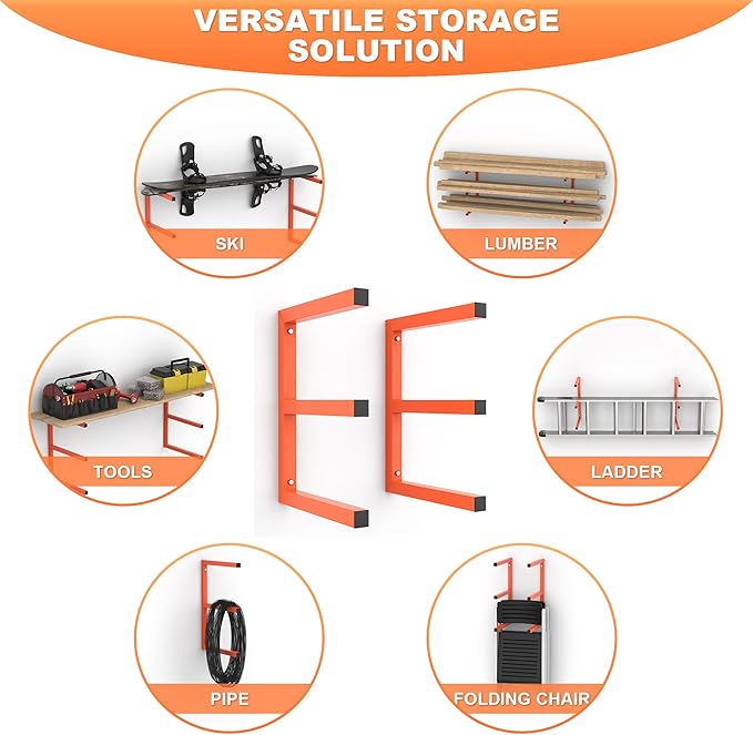Ultrawall Lumber Storage Rack Wall Mount Wood Storage Racks, Metal Wood Organizer Racks for Shed, Workshop, Garage, Holds Up 220 LBS Per Level (Pack of 2, Orange)